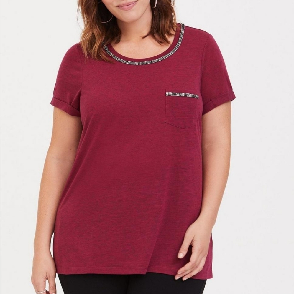 Torrid Plus Size 1X Linen Blend Girly Embellished Burgundy Short Sleeve Tee